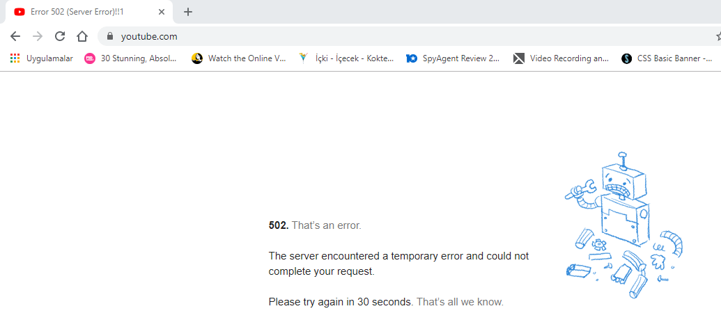 Youtube çöktü mü? Youtube 502 Server Error Hatası